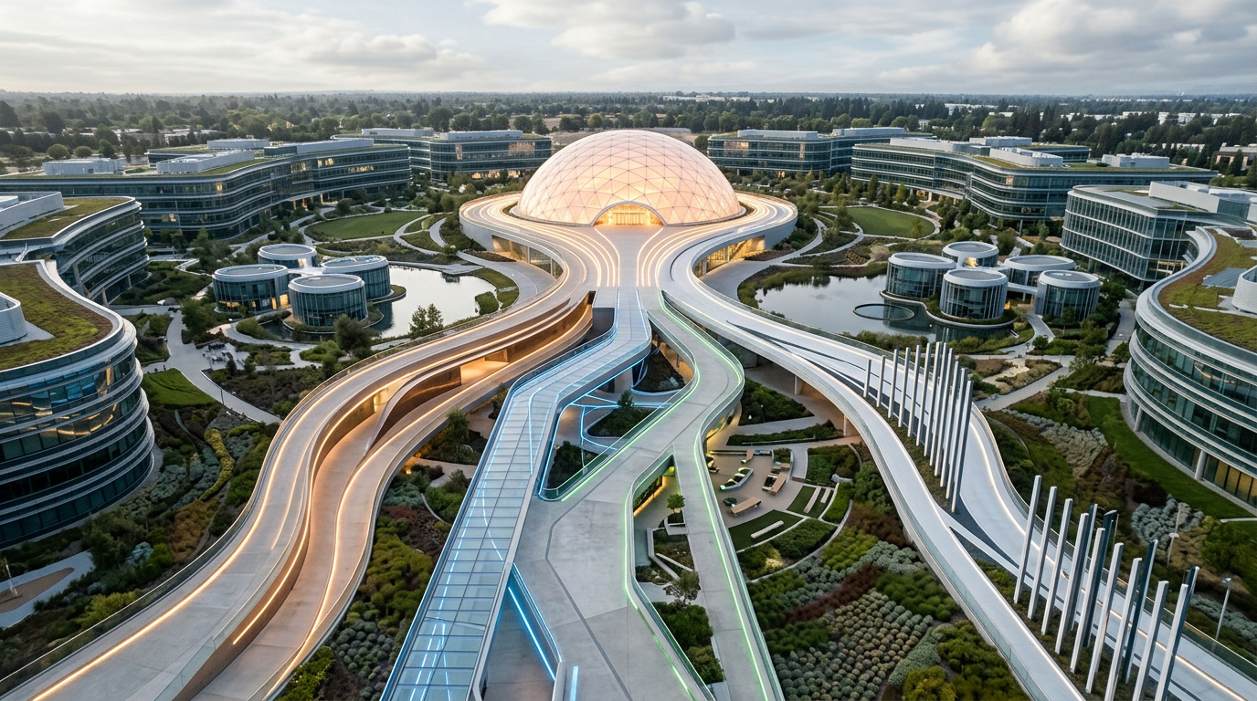 Aerial view of futuristic campus with central glowing dome